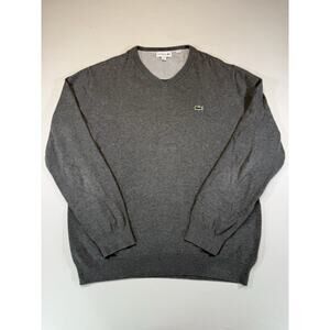 Lacoste V-Neck Sweater L Gray Knit Pullover Long Sleeve Classic Fit Croc Logo